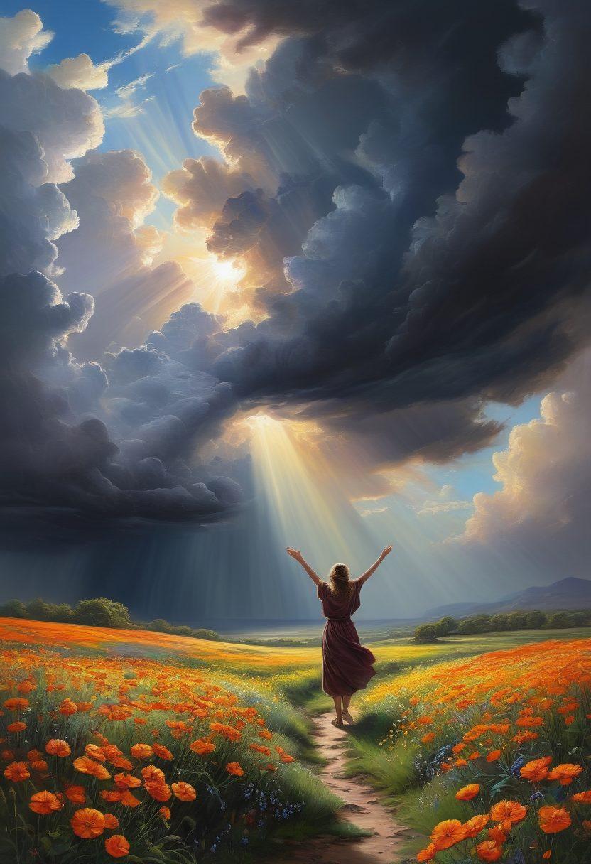 A serene landscape transitioning from dark, stormy clouds on one side to bright, radiant sunlight breaking through on the other, symbolizing the journey from despair to healing. In the foreground, a figure stands with outstretched arms, embracing the light, surrounded by blooming flowers and vibrant colors that represent hope and recovery. The overall composition radiates a sense of peace and transformation. super-realistic. vibrant colors. painting.