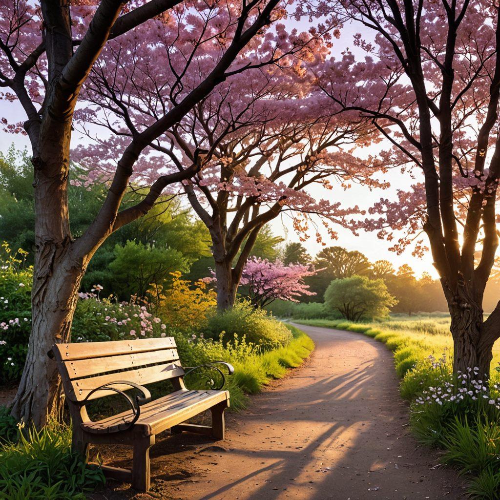 A serene landscape illustrating a winding path through a forest, where sunlight filters through the trees, symbolizing hope and resilience. Include a figure sitting on a bench, gazing at a vibrant sunset, reflecting a mix of emotions. Soft petals falling from cherry blossom trees add a touch of beauty amidst the somber scene. super-realistic. vibrant colors. peaceful atmosphere.